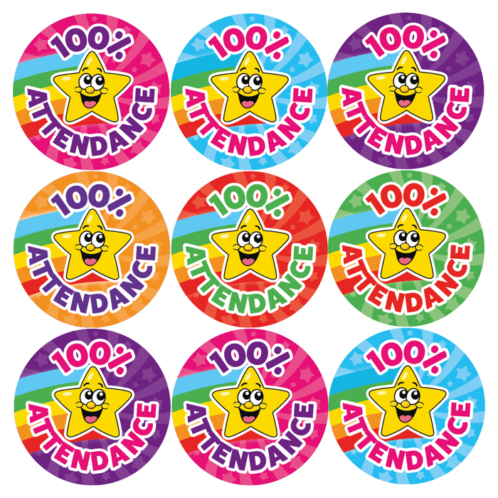 144 100% Attendance Star Reward Stickers for School Teachers 30mm