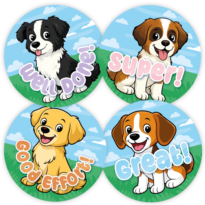 144 Happy Dogs Praise Words Reward Stickers 30mm Reward Stickers for School Teachers, Parents and Nursery