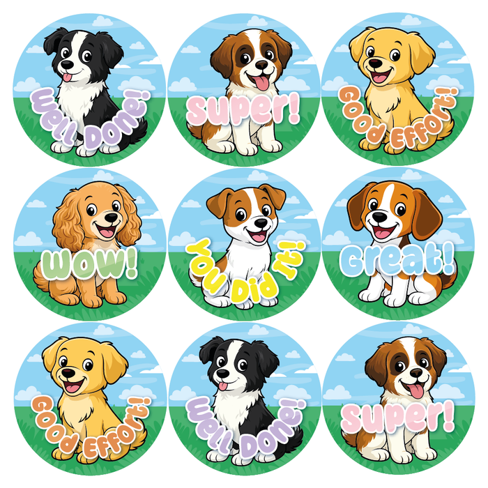 144 Happy Dogs Praise Words Reward Stickers 30mm Reward Stickers for School Teachers, Parents and Nursery