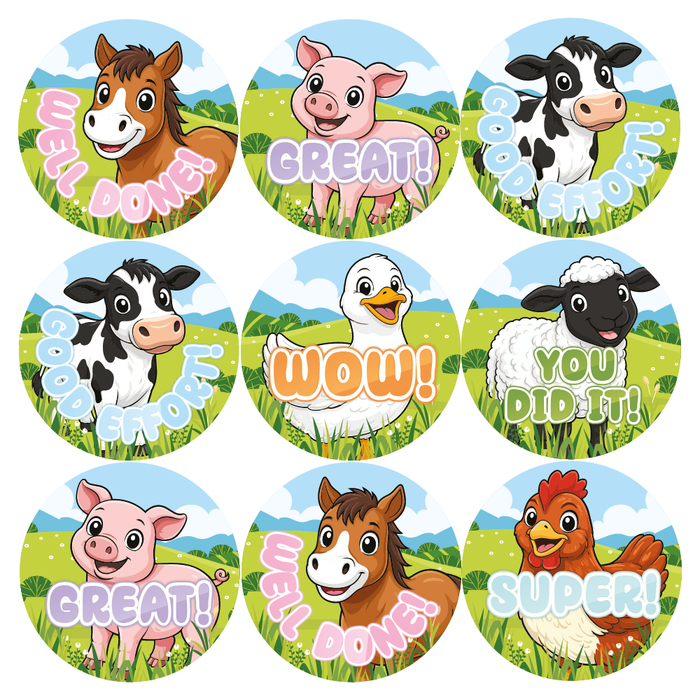 144 Cute Farm Animals Praise Words Reward Stickers 30mm Reward Stickers for School Teachers, Parents and Nursery