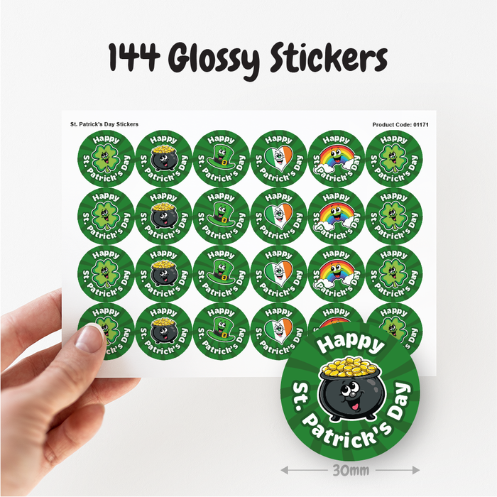 144 Happy St. Patrick's Day Irish Luck Stickers for Crafts, Party Bags and Sweet Cones 30mm