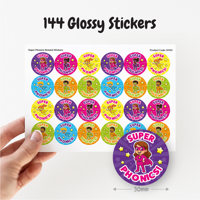 144 Superhero Phonics Reward Stickers for School Teachers, Parents and Nursery 30mm