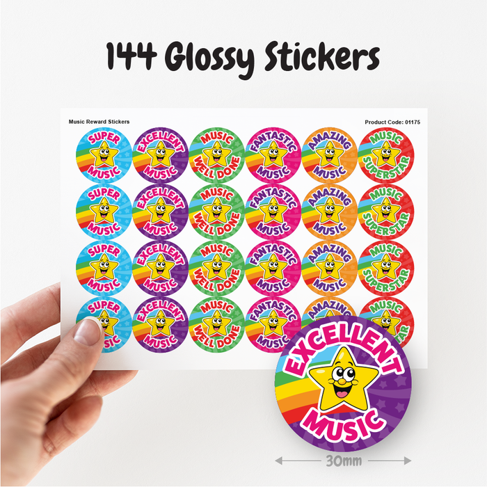 144 Music Superstar Rainbow Reward Stickers for Music Teachers and Tutors 30mm