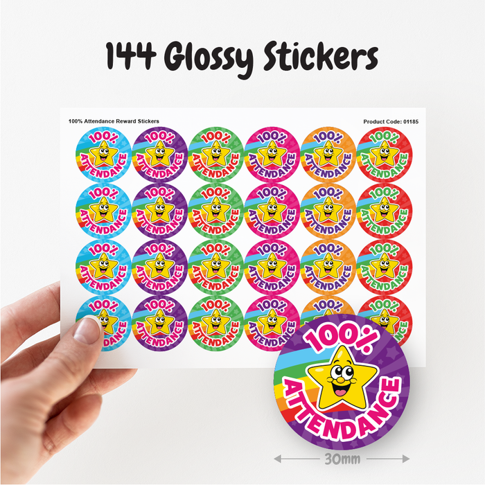 144 100% Attendance Star Reward Stickers for School Teachers 30mm