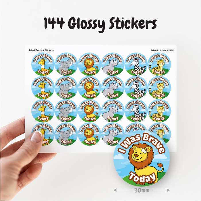 144 Safari Animals Bravery Reward Stickers for Teachers, Parents, Doctors and Nursery 30mm