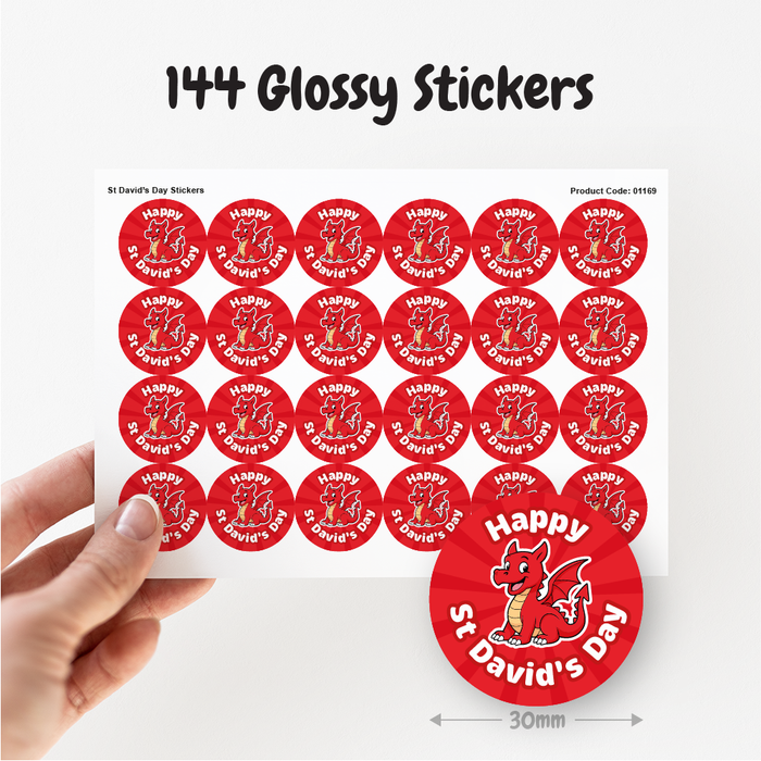 144 Happy St David's Day Welsh Dragon Stickers for Crafts, Party Bags and Sweet Cones 30mm