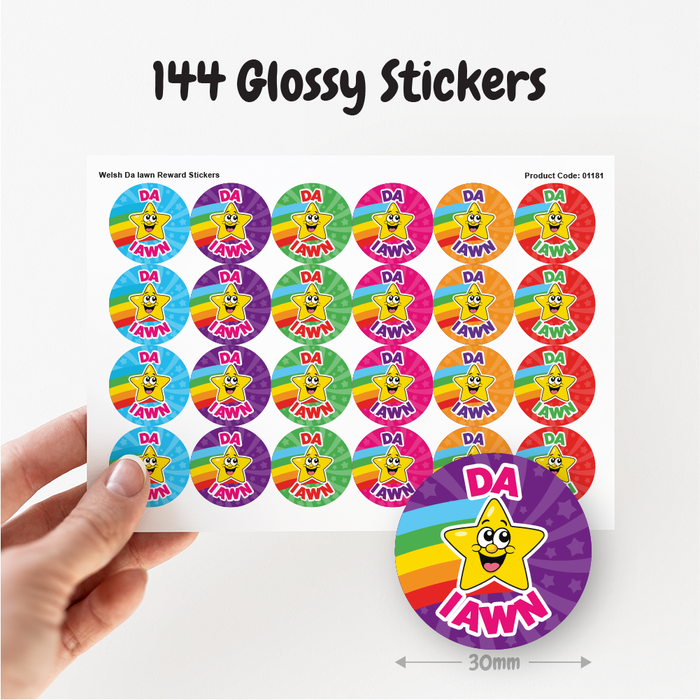144 Da Iawn Welsh Rainbow Star Reward Stickers for School Teachers and Parents 30mm