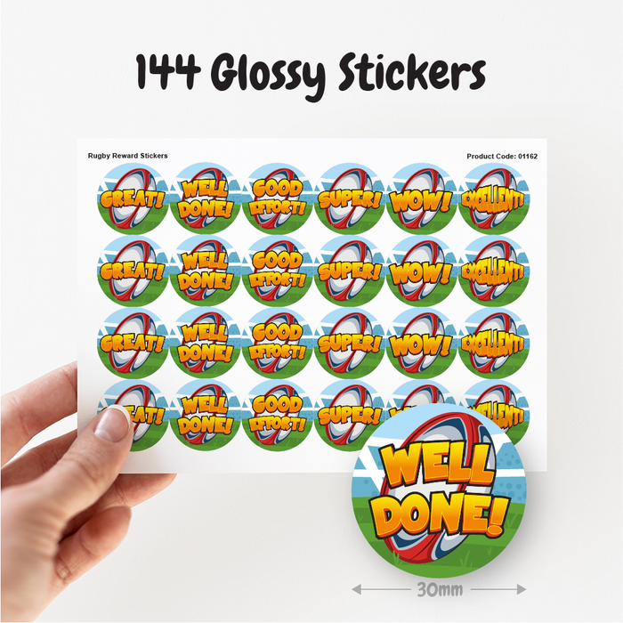 144 Rugby Ball Praise Words Reward Stickers for PE Teachers and Rugby Coaches 30mm