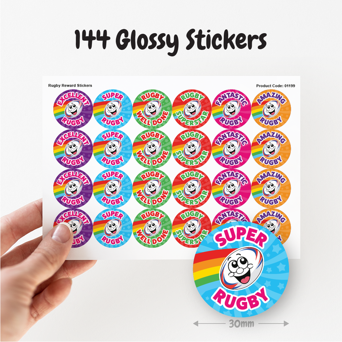 144 Smiling Rugby Reward Stickers for PE Teachers and Coaches 30mm