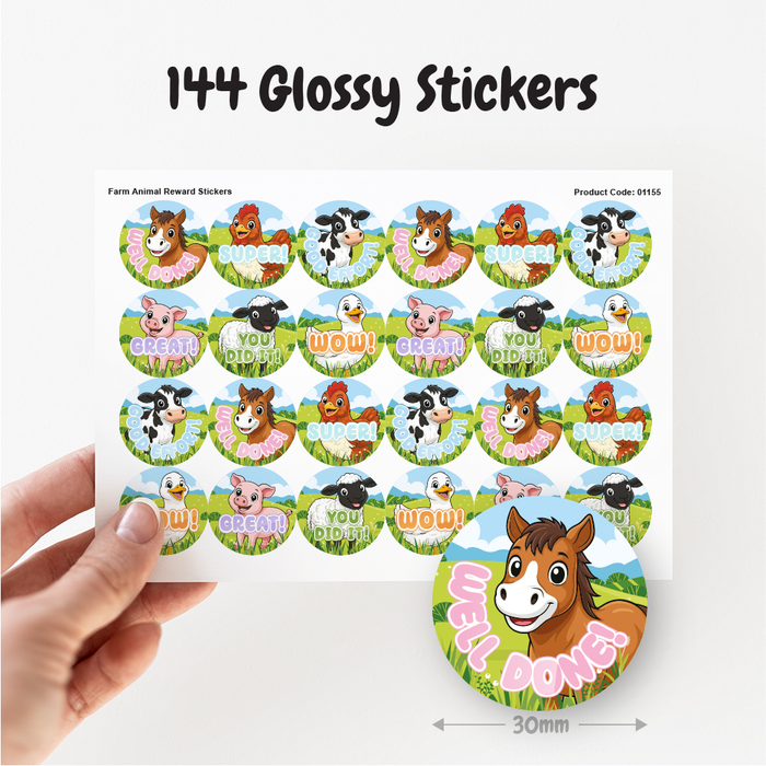144 Cute Farm Animals Praise Words Reward Stickers 30mm Reward Stickers for School Teachers, Parents and Nursery