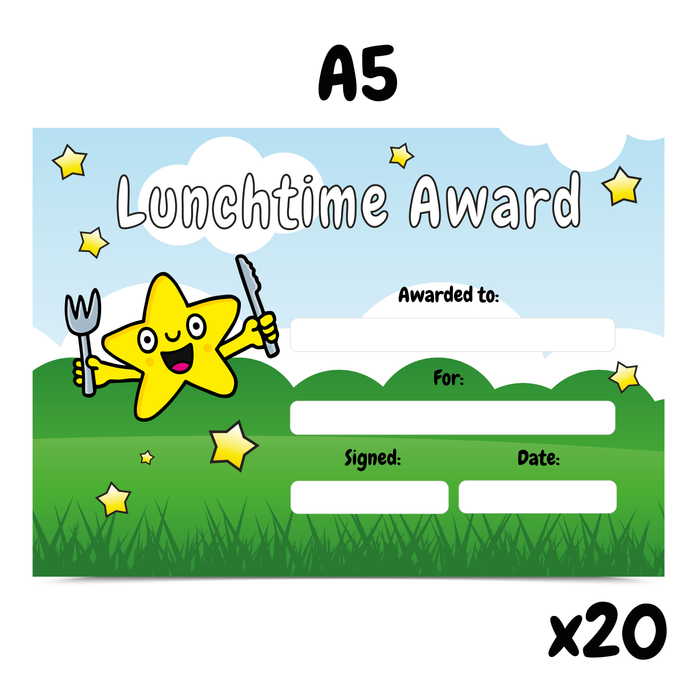 20 Lunchtime Award Reward Certificates (A5)