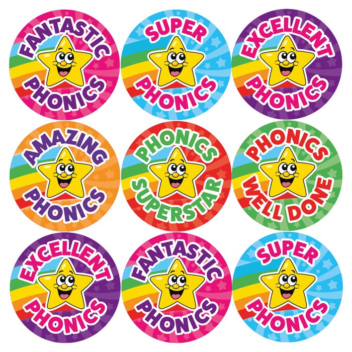 144 Phonics Superstar Rainbow Reward Stickers for School Teachers 30mm