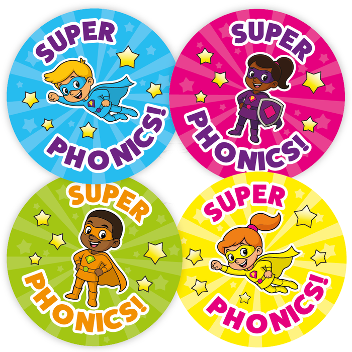 144 Superhero Phonics Reward Stickers for School Teachers, Parents and Nursery 30mm