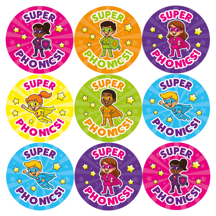 144 Superhero Phonics Reward Stickers for School Teachers, Parents and Nursery 30mm