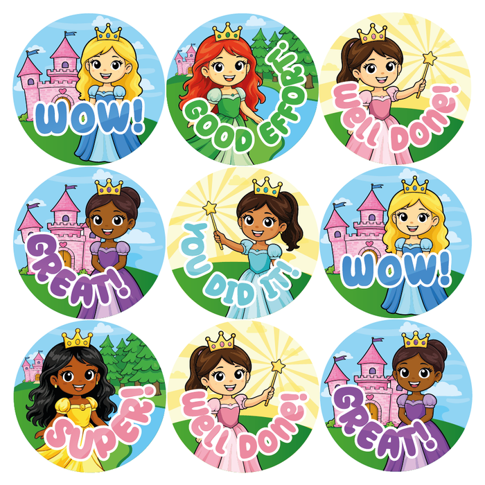 144 Princess Praise Words Reward Stickers for School Teachers, Parents and Nursery 30mm