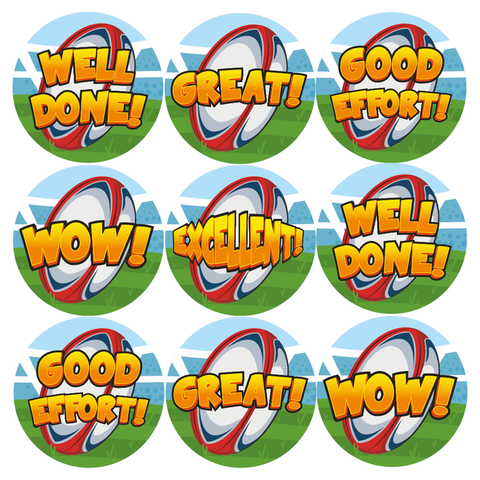 144 Rugby Ball Praise Words Reward Stickers for PE Teachers and Rugby Coaches 30mm