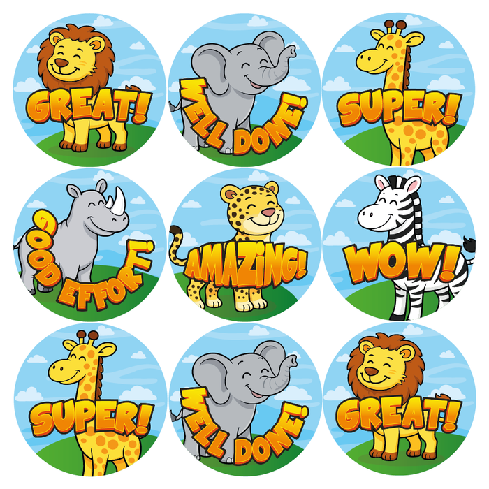 144 Safari Animals Praise Words Reward Stickers for School Teachers, Parents and Nursery 30mm