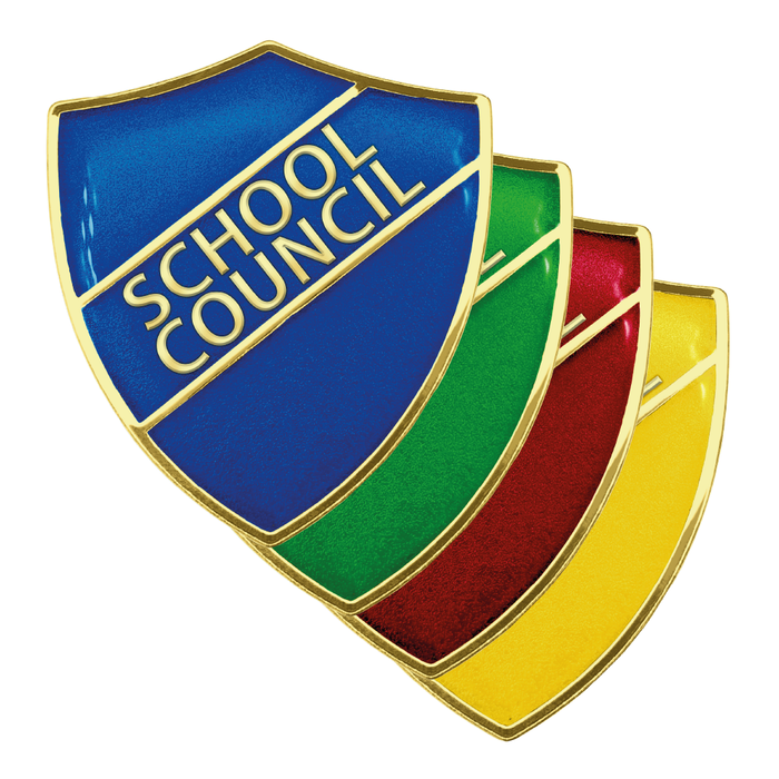 Shields with 'School Council' text on a blue, green, red, and yellow background
