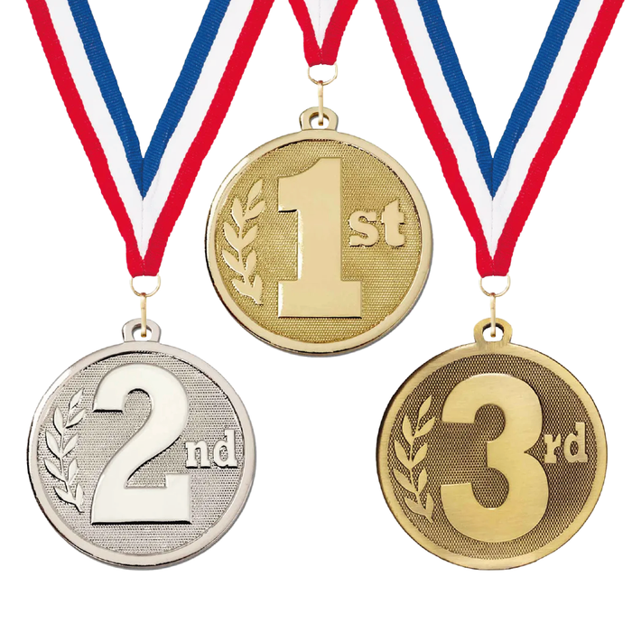Sports Day Medal 45mm, Gold - 1st, Silver - 2nd or Bronze - 3rd, Includes Ribbon