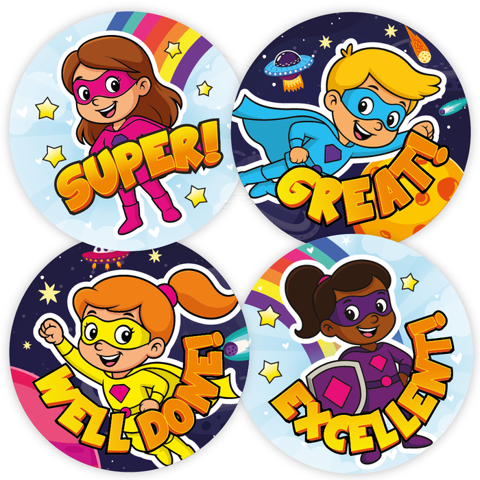 48 Superhero Praise Words Reward Stickers