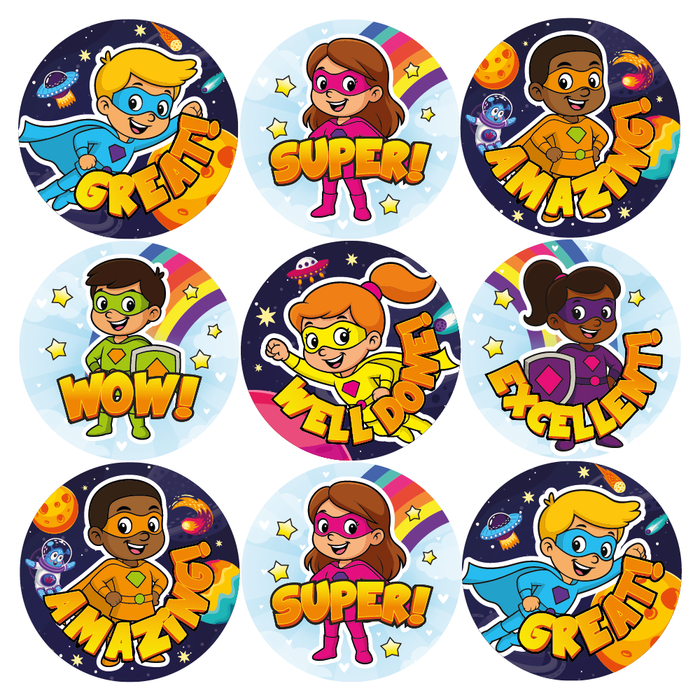 48 Superhero Praise Words Reward Stickers