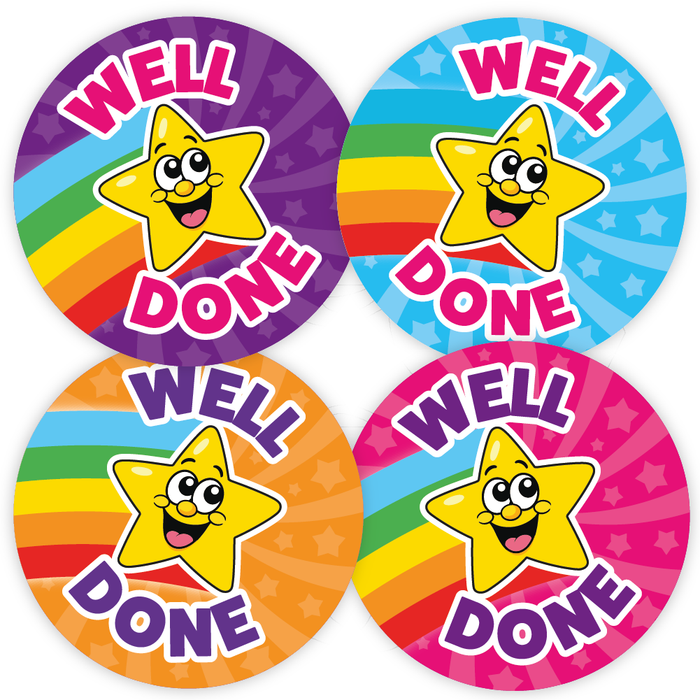 144 Well Done Superstar Rainbow Reward Stickers for School Teachers and Parents 30mm