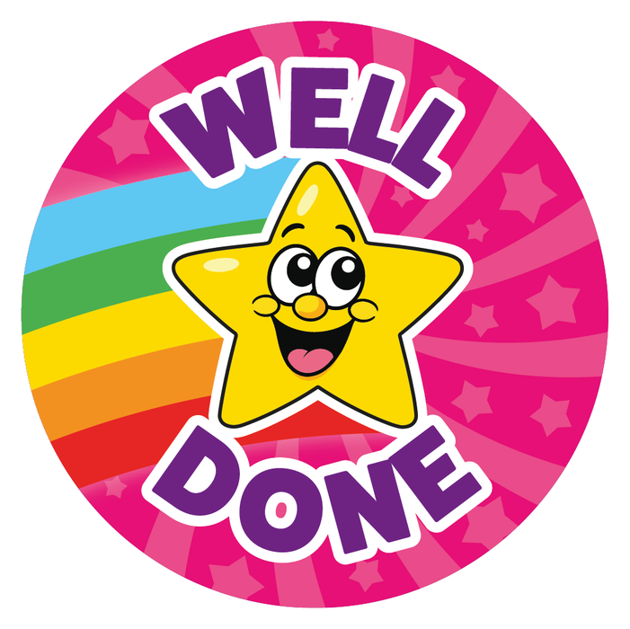 144 Well Done Superstar Rainbow Reward Stickers for School Teachers and Parents 30mm