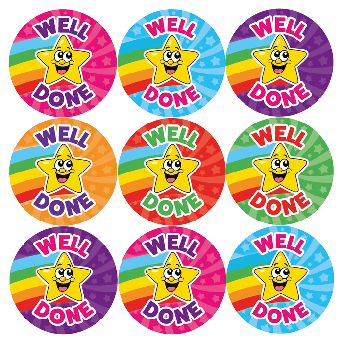 144 Well Done Superstar Rainbow Reward Stickers for School Teachers and Parents 30mm